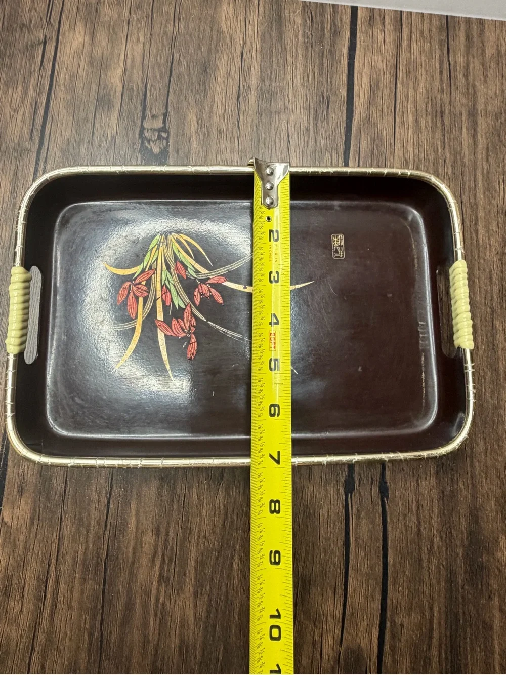 Vintage Mid-Century Japanese Floral Serving Tray in Dark Brown with Red Accent